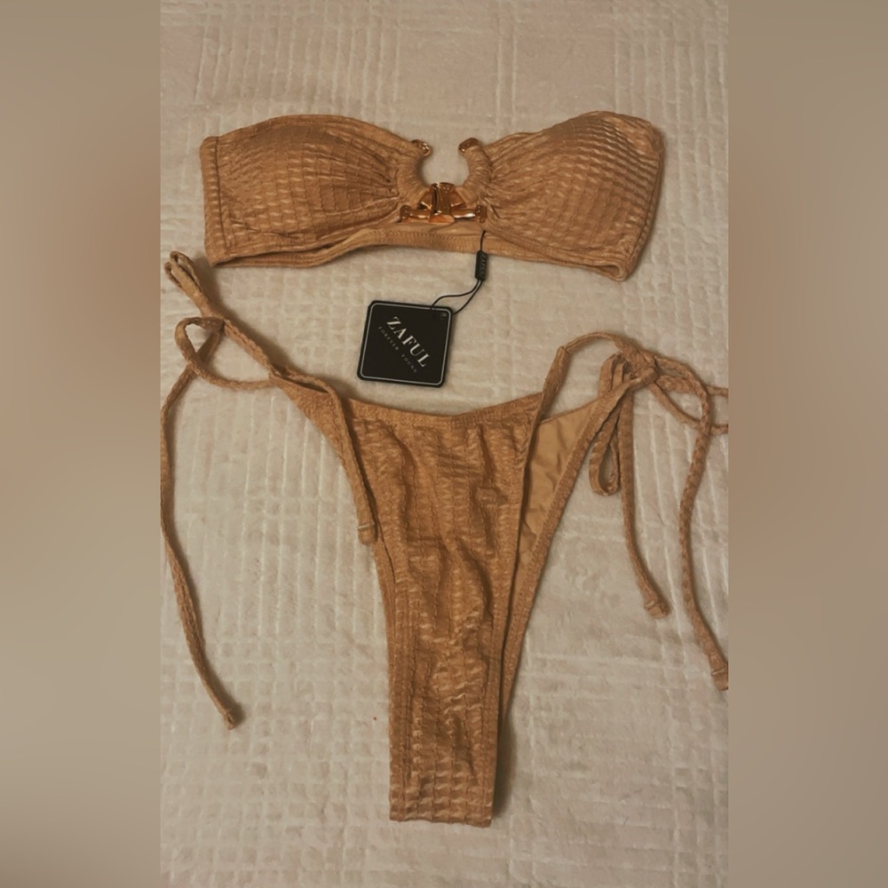 ZAFUL Cream Cheeky Bikini With Gold Top Piece Size S